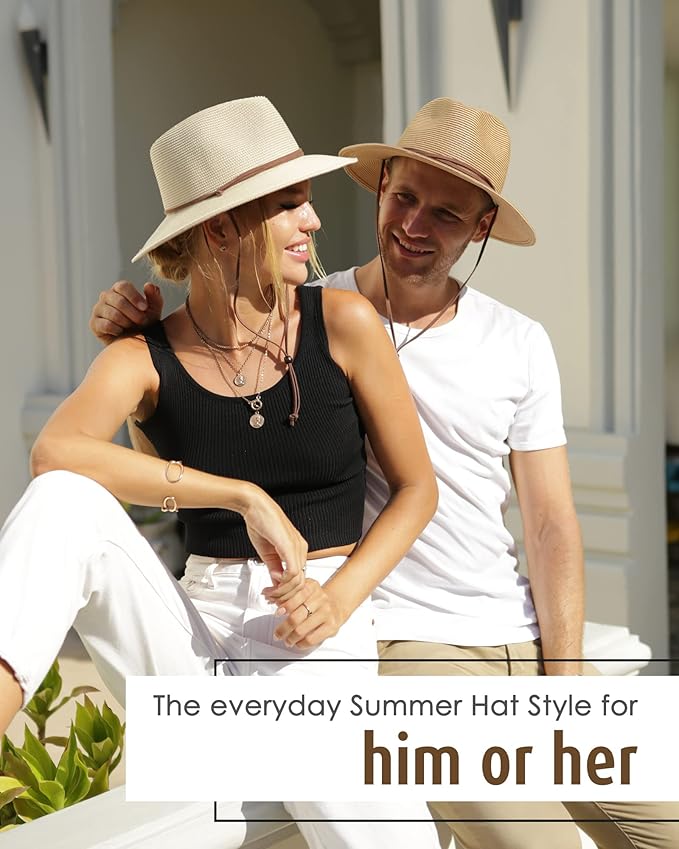 FURTALK Womens Summer Straw Sun Hats Wide Brim Panama Fedora Beach Hat with Wind Lanyard UPF 80+