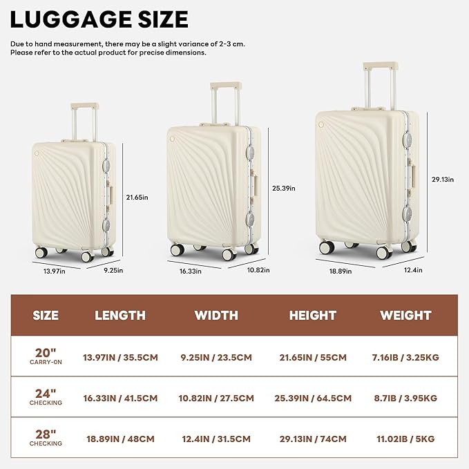 3-Piece Hardside Luggage Sets Aluminum Frame, 20+24+28 Inch Suitcases with USB Charging Port, Foldable Cup Holder, TSA Locks & Spinner Wheels for Travel, Ivory White