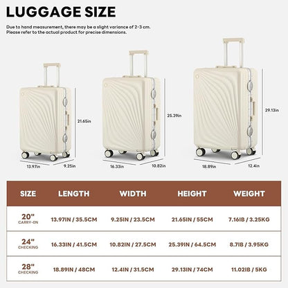 3-Piece Hardside Luggage Sets Aluminum Frame, 20+24+28 Inch Suitcases with USB Charging Port, Foldable Cup Holder, TSA Locks & Spinner Wheels for Travel, Ivory White