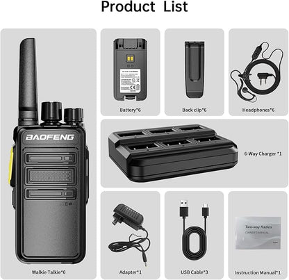 BAOFENG BD-V12B Radio 6 Pack Long Range Walkie Talkies for Adults, Portable FRS Two-Way Radios Rechargeable, with 6 Way Gang Charger,Earpiece,Typc-C Charging for School,Restaurant,Xmas Birthday Gifts