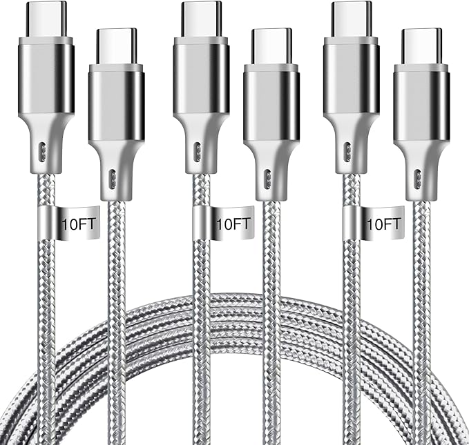 cugunu USB C to USB C Charger Cable, Nylon Braided 3Pack 60W 10FT Type C Fast Charging Cord Compatible for iPhone 15/16/17/Pro/Max/Plus, iPad, Air5, MacBook, Samsung, Google-Grey