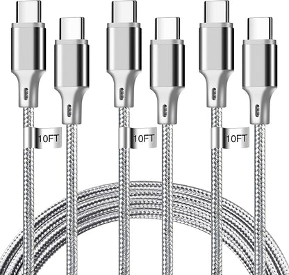 cugunu USB C to USB C Charger Cable, Nylon Braided 3Pack 60W 10FT Type C Fast Charging Cord Compatible for iPhone 15/16/17/Pro/Max/Plus, iPad, Air5, MacBook, Samsung, Google-Grey
