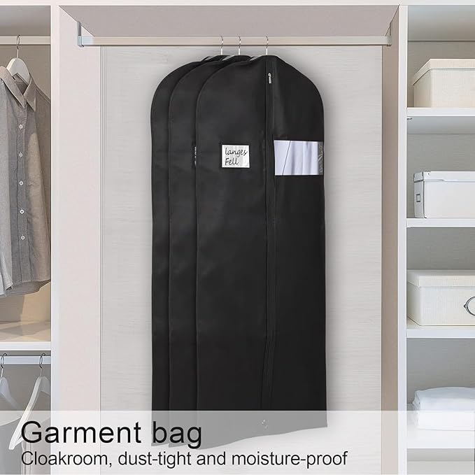 BOMEI PACK Black Garment Bags for Hanging Clothes or Travel 63" Suit Bags for Storage of Coats,Sweater, Jacket,T-shirts and Dresses(3 Packs)
