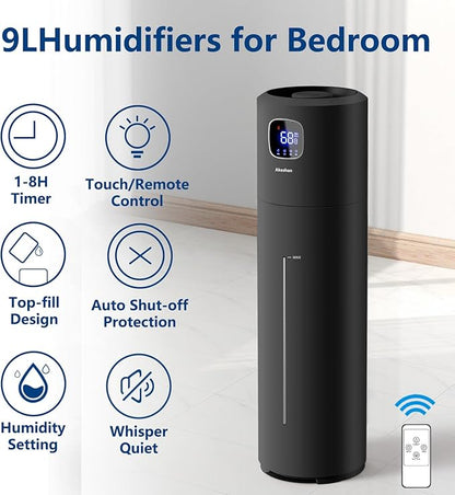 Large Humidifiers for Bedroom, 9L/2.5Gal Ultrasonic Cool Mist, Top Fill Easy Clean with 350ML/H Mist Speed, Quiet, Suitable for Kids Room Plant Yoga Office Study Room Living (Black, Round)