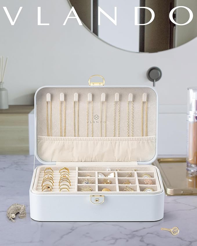 Vlando Jewelry Box Organizer for Women Girl,Lockable Jewelry Case Boxes with 2 Layers,Earrings Necklace,Rings Storage,Gift Box Packaging,Wedding Birthday Gifts Ideas Blue