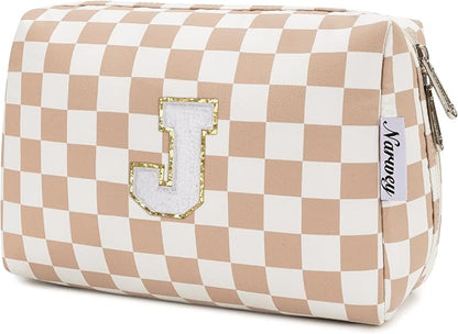 Narwey Birthday Gifts for Women Teen Girls Kids Personalized Initial Checkered Makeup Bag Cute Cosmetic Bag Trendy Stuff 6 8 10 11 12 13 14 16 18 Years Old Travel Toiletry Bag (Brown Letter J)