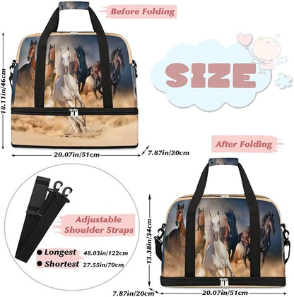 Running Horse Foldable Travel Duffel Bag, Expandable Sports Gym Bag with Shoes Compartment Weekender Overnight Totes Bags for Women Men