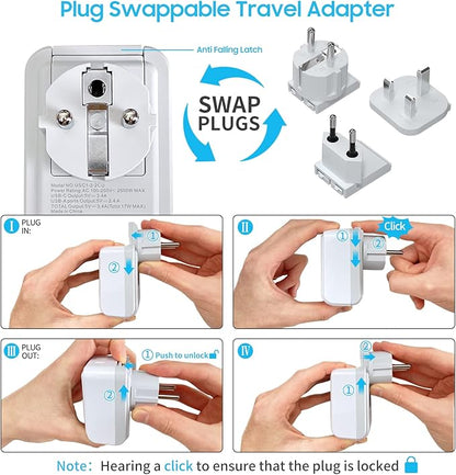 European Travel Plug Adapter Kit, VINTAR International Plug Adapter with 3 USB Ports (2 USB C,3.4A) 2 American Outlets, Type C,G,E/F Detachable Attachments, Adapter for US to UK Europe France Italy