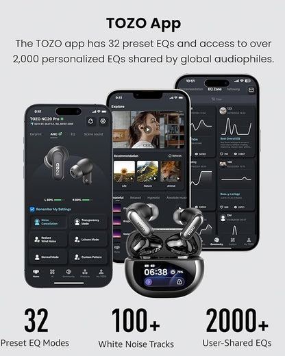 TOZO NC20 Pro Active Noise Cancelling Wireless Earbuds with Smart Touch Screen, LDAC Hi-Res Audio, Stereo Bass, 6 Mics AI Call Ear Buds, 80H Playtime, IPX8 Waterproof, 32 EQ via App, Wireless Charging