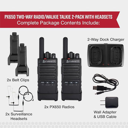 Cobra PX652 Professional Walkie Talkies - Rechargeable, 22 Channels, 300,000 sq. ft/25 Floor Range, Dust Protected & Splashproof (IP54 Rating), Headsets and Chargers Included (2-Pack)
