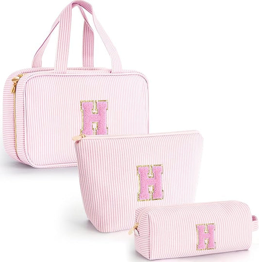 Personalized Initial Cute Toiletry Bag Pouch Make Up Bags Travel Cosmetic Makeup Bag for Girl Girlfriend Wife Teacher Mom Her 16th 17th 18th Birthday Gifts - Pink H