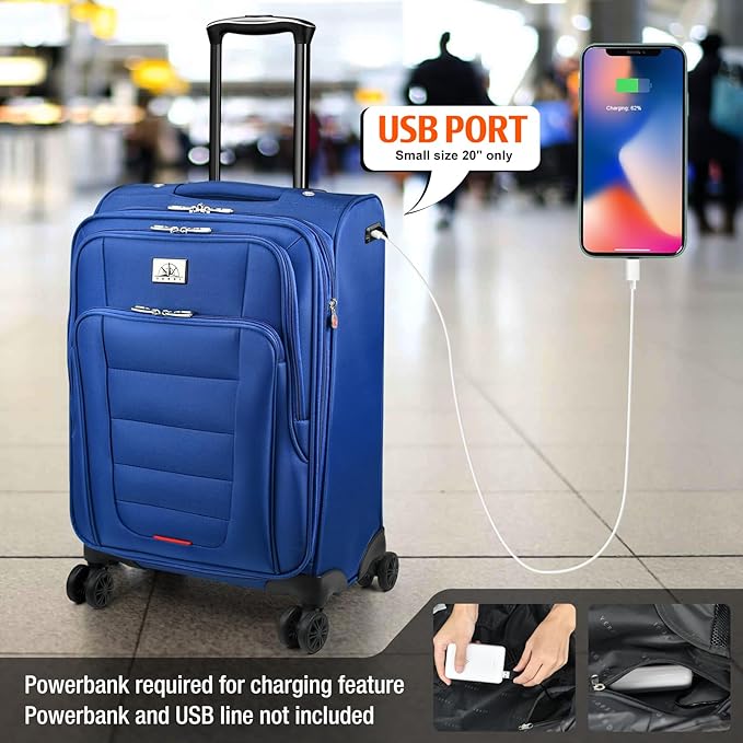 Verdi Expandable Carry-On Luggage with Spinner Wheels, 22 Inch Softside Suitcase with USB Port Lightweight