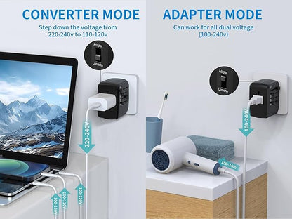 International Travel Adapter Voltage Converter Steps Down 220V to 110V for Cell Phones, Laptops, and Curling Irons, US to UK, Europe, Australia, and More Than 200 Countries