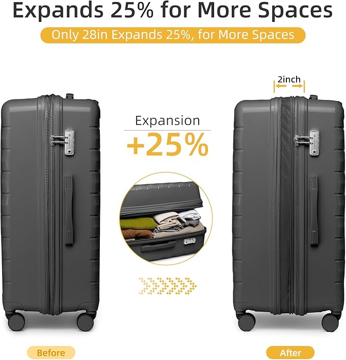LARVENDER Luggage Sets 5 Piece with Duffel Bag Expandable(Only 28 inch) Hardside PP Carry On Luggage with 360° Spinner Wheels TSA Lock Luggage Sets for Men, Grey