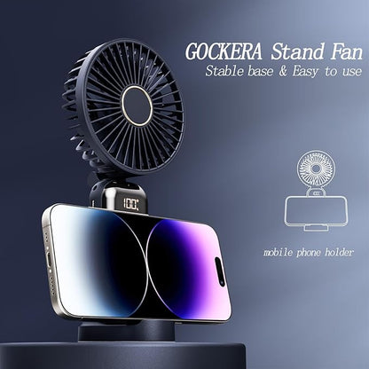 Portable Fan, 4200mAh Battery Operated Fan, 5 Speeds&Digital Display, Makeup Fans for Women with Base, 180°Foldable 3in1 Handheld/Neck/Desk Fan for Outdoor Indoor,Ultra Quiet (Blue)