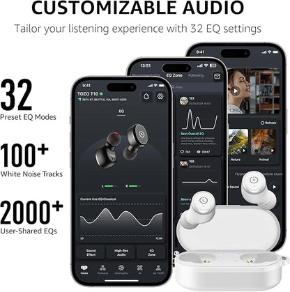 TOZO T10 Wireless Earbuds Bluetooth 5.3 Headphones, App Customize EQ, Ergonomic Design, 55H Playtime, Wireless Charging Case, IPX8 Waterproof Sound in-Ear Headset, New Version