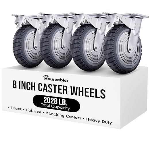 Houseables 8 Inch Caster Wheels, Large Caster Wheels, Heavy Duty Castors, Swivel Rubber Castor, Outdoor, Cart, Industrial, Replacement, Dolly, Off Road, All Terrain, Flat Free, Locking Brake, Set of 4