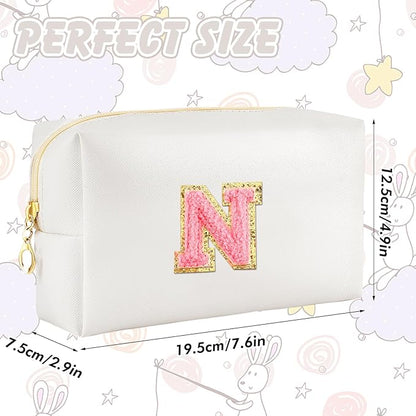 Initial Makeup Bag Personalized Preppy Travel Small Cosmetic Bag Cute PU White Chenille Letter Makeup Pouch for Purse Waterproof Zippered Toiletry Organizer for Women Girls Kids Friends (H)