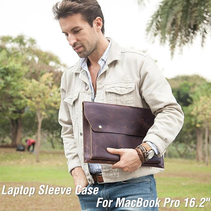 Top Grain Leather 16.2" Laptop Bag, Magnetic Snap Button Design & 3 Pockets, Compatible with MacBook Pro 16.2" A2485 M1 Max 15" Touch Bar A2141 A1707 Pro 16" Touch ID A1990, Coffee 16.2 Inch