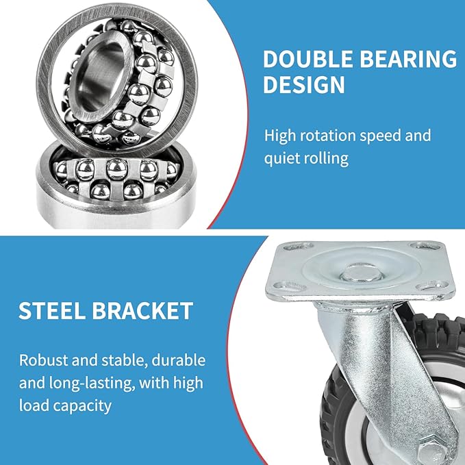 uyoyous 6 Inch Caster Wheels Set of 4, 1653 Lbs Heavy Duty Casters, No Noise Swivel Plate Casters Wheels for Cart, Dolly, Workbench, Toolbox, Chicken Coop (2 with Brakes & 2 without)