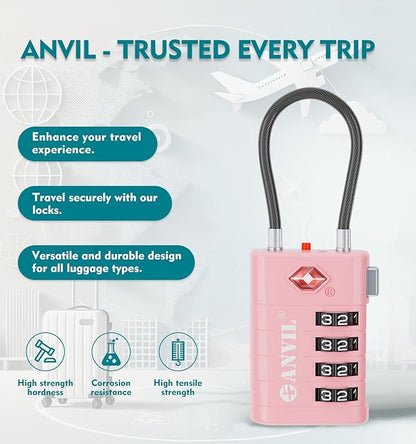 ANVIL 4 Digit Luggage Locks, TSA Locks for Luggage, Advanced TSA008 core, Alert Indicator for Your Travel Lock, Suitcase Lock. (2, Pink)