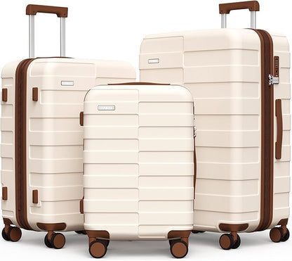 Luggage Sets 3 Piece (3-YEARS VIP SERVICE) Hardside Expandable Ultra Durable 100% PC Lightweight Carry On Travel Suitcase Set with TSA Lock Spinner Wheels, White Brown