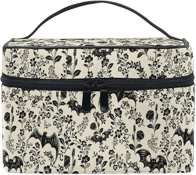 Makeup Train Case Bat Retro Flower Korean Carrying Portable Zip Travel Cosmetic Brush Bag Organizer Large for Girls Women
