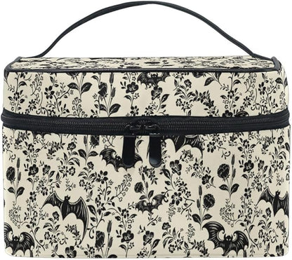 Makeup Train Case Bat Retro Flower Korean Carrying Portable Zip Travel Cosmetic Brush Bag Organizer Large for Girls Women