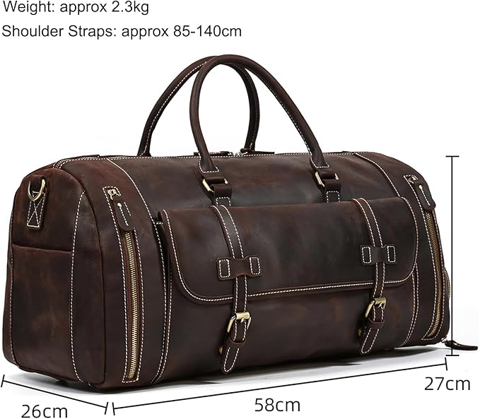 Full-grain Genuine Leather Travel Bag Large Capacity Duffel Luggage Bag with Shoe Compartment, Men Women Shoulder Handbag for Weekend Holiday Business Trip