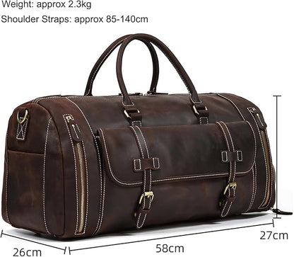 Full-grain Genuine Leather Travel Bag Large Capacity Duffel Luggage Bag with Shoe Compartment, Men Women Shoulder Handbag for Weekend Holiday Business Trip