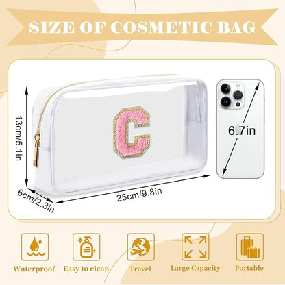 Personalized Initial Letter Clear Makeup Bag,Preppy Small Nylon&PVC Cosmetic Zipper Bag with Chenille Letter,Travel Skincare Toiletry Bag,Monogram Christmas Gift for Teen Girls Women,C