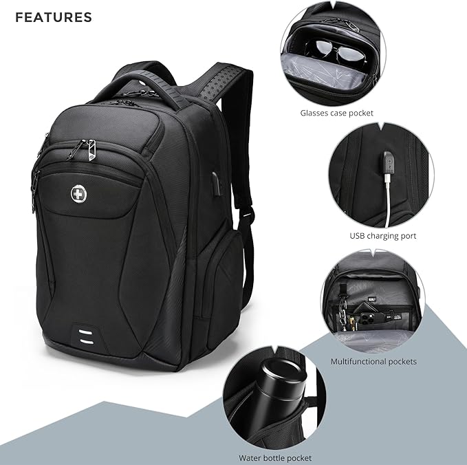 Swissdigital Design Men's Laptop Backpack for College and Business Travel with Integrated USB Charging Port and RFID Protection Fits Laptops up to 15.6 Inch, Black | SD1695-01