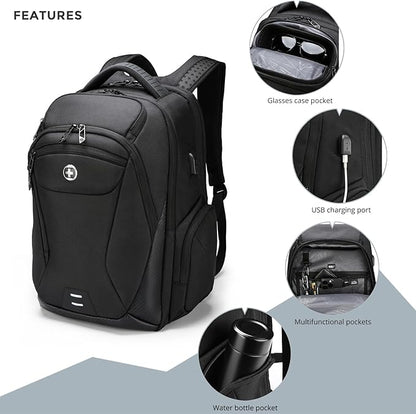 Swissdigital Design Men's Laptop Backpack for College and Business Travel with Integrated USB Charging Port and RFID Protection Fits Laptops up to 15.6 Inch, Black | SD1695-01