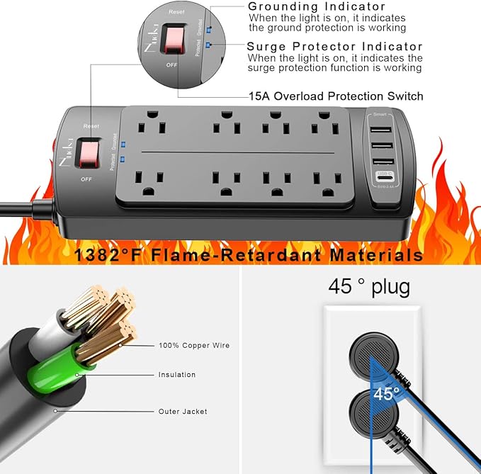 Surge Protector Power Strip - Nuetsa Flat Plug Extension Cord with 8 Outlets and 4 USB Ports, 20 Feet Power Cord (1625W/13A), 2700 Joules, ETL Listed, Black