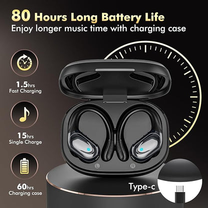 Wireless Earbuds, Bluetooth Headphones, Ear Buds with 80hr Playtime, LED Power Display, Noise Canceling, LED Power Display, IPX7 Waterproof Earphones for Gym/Workout/Sport