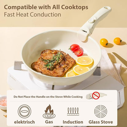 Pots and Pans Non Stick,16Pcs Ceramic Nonstick Cookware Sets, Induction Kitchen Set with Removable Handle, Cooking Frying Pans & Saucepans(PFOS, PFOA Free), Oven/Dishwasher/Fridge Safe, Space Saving