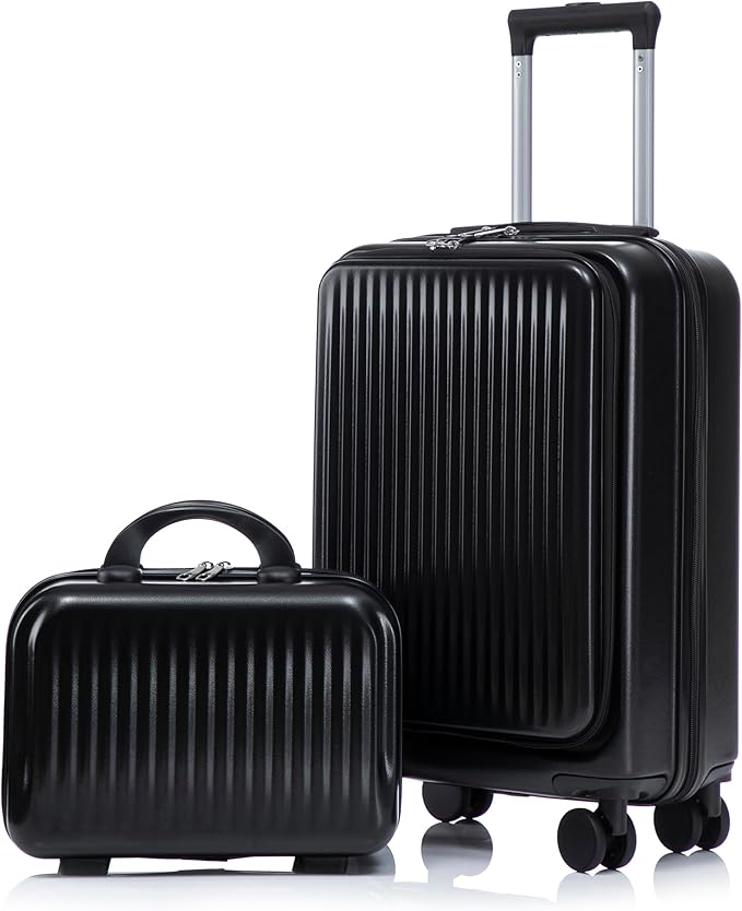 Merax Carry On Luggage,20 Inch Hardside Suitcase with 14 Inch Cosmetic Case, Front Opening Luggage Set with Spinner Wheels TSA Lock,Airline Approved,Black