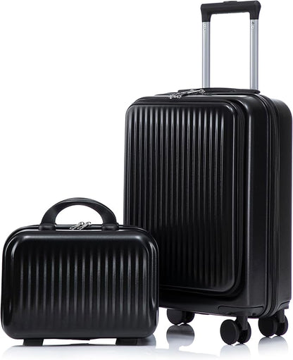 Merax Carry On Luggage,20 Inch Hardside Suitcase with 14 Inch Cosmetic Case, Front Opening Luggage Set with Spinner Wheels TSA Lock,Airline Approved,Black