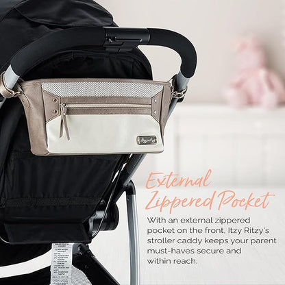 Itzy Ritzy Adjustable Stroller Caddy and Organizer Bag Featuring Front Zippered Pocket, 2 Built-In Interior Pockets & Adjustable Straps to Fit Nearly Any Stroller (Vanilla Latte)