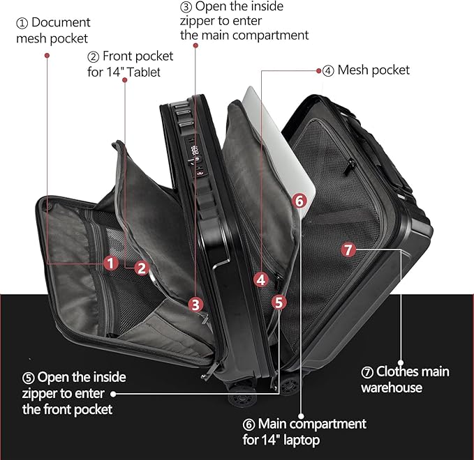 TydeCkare 16" Carry on Luggage with 2 Laptop Compartments, Lightweight Hardshell ABS+PC Suitcase with Dual Control TSA Lock, with YKK Zipper, 4 Spinner Silent Wheels, for Business Travel, Black