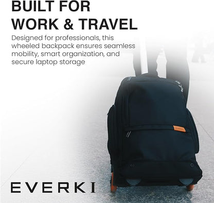 EVERKI 123 Wheeled Laptop Backpack - For 15.6” Laptop & 16” MacBook, Rolling Back Pack for Men & Women, Carry On Travel Backpack with Replaceable Wheels, Rolling Work Bag for Business Professional