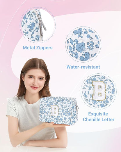 Narwey Birthday Gifts for Teen Girls Kids Women Personalized Initial Floral Makeup Bag Cute Cosmetic Trendy Stuff 6 8 10 11 12 13 14 16 18 Years Old Travel Toiletry Bag (Little Blue Flower B)