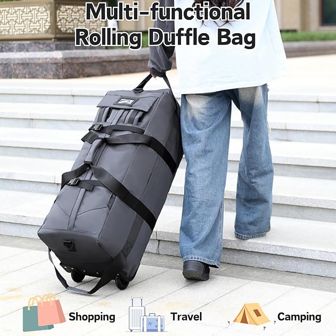 Rolling Duffle Bag with Wheels, 92L 34” Folding Duffle Backpack Soft-Sided with 2 Wheels, 6-way Carry-On Large Travel Bag Men/Women Multiple Pockets for Long Trip, Grey
