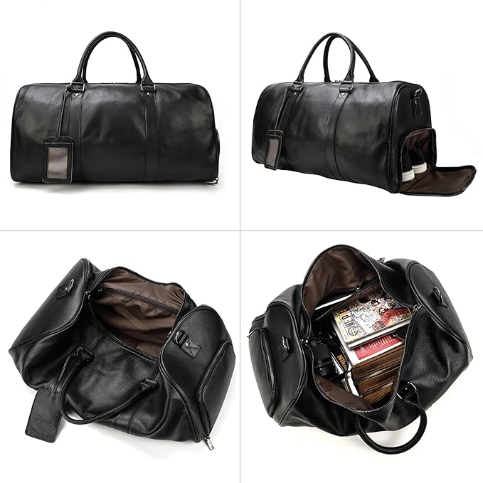 Leather Travel Bag Large Capacity Luggage Duffel Bag with Shoe Compartment, Men Women Weekend Shoulder Handbag for Holiday Business Trip (55cm-Black)