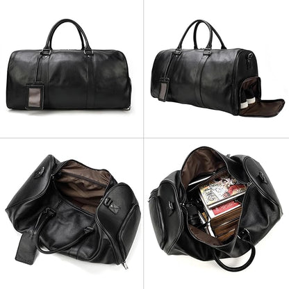 Leather Travel Bag Large Capacity Luggage Duffel Bag with Shoe Compartment, Men Women Weekend Shoulder Handbag for Holiday Business Trip (55cm-Black)