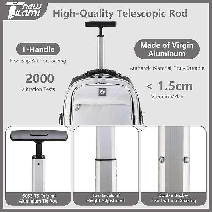 NEW TILAMI 19 Inch Rolling Backpack 360°rotating Universal Wheel, Large Organizer Compartments, Adjustable Handle, Carry on for School Students Business Travel, Pure White