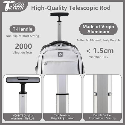 NEW TILAMI 19 Inch Rolling Backpack 360°rotating Universal Wheel, Large Organizer Compartments, Adjustable Handle, Carry on for School Students Business Travel, Pure White