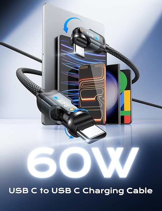 AUFU PD 60W USB C to USB C Cable 6.6ft(1Pack), Double 180° +360°Rotation/C to C Fast Charging/Type C to Type C Cable/6ft USB C Cable for 1Phone 17/16/15/Ma-Book/1Pad Series, Samsung Galaxy Series