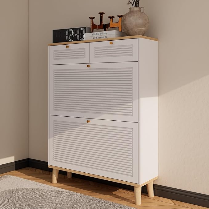Spaco Shoe Storage Cabinet with 2 Flip Drawers for Entryway,Narrow Shoe Rack Organizer Cabinet with Oak Top and 2 Storage Drawers for Hallway,Entrance