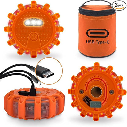 USB-C Rechargeable LED Road Flares Emergency Lights-Large Capacity (Lithium Battery) 3 in 1 Cable Roadside Warning Car Safety Beacon Flashing Disc Flare Kit with Magnetic Base for Vehicles
